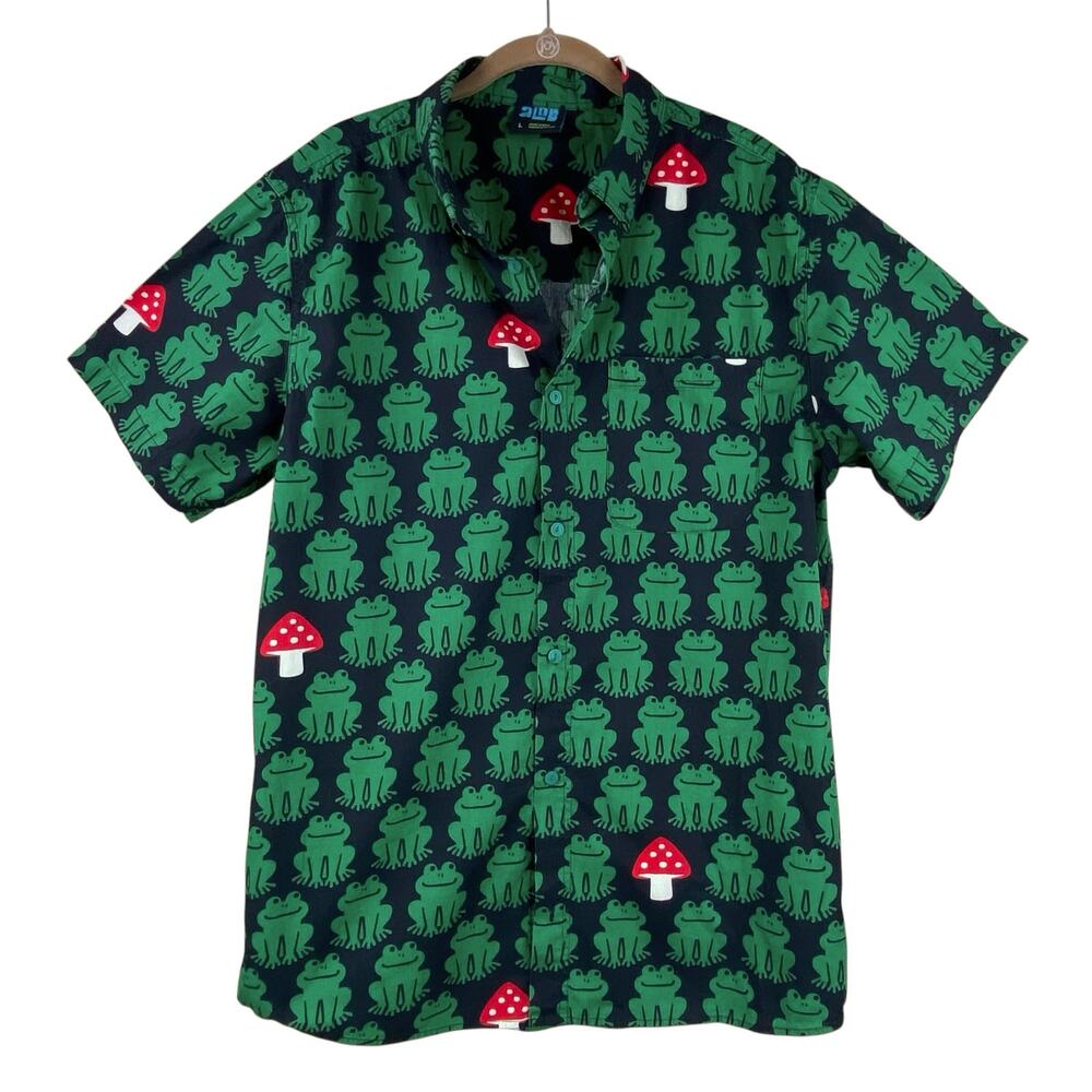 ALab 100% Cotton Frog Mushroom Shirt Size L Camp Boxy Fit Short Sleeve